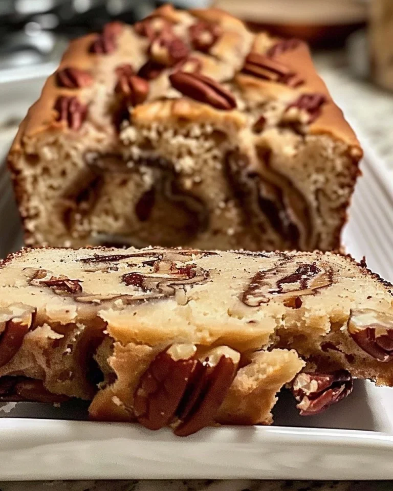 Loaf of Sweet Alabama Pecan Bread with nuts on top, fresh out of the oven