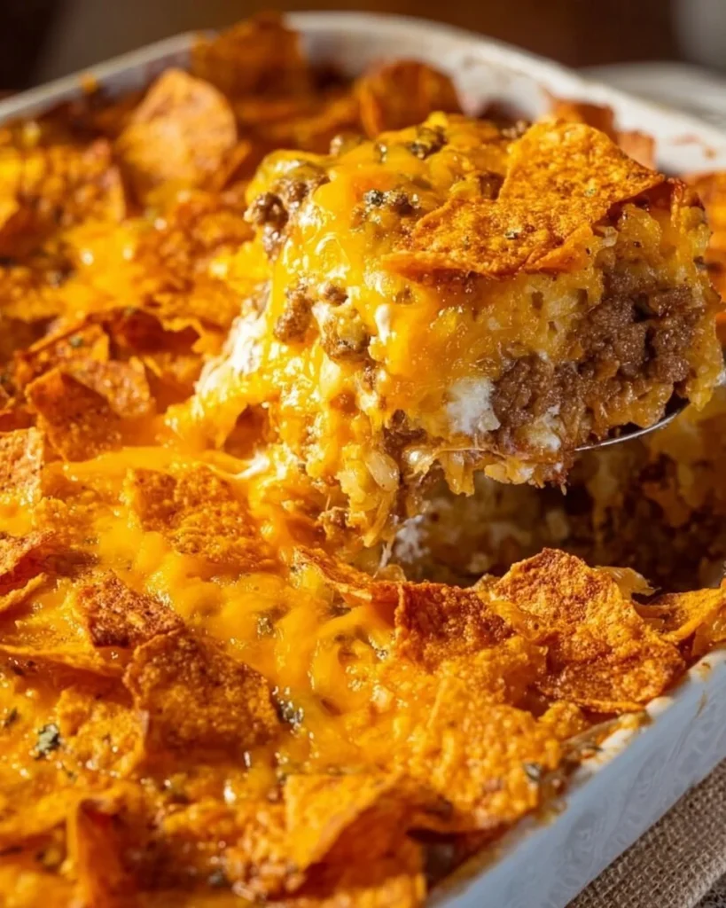 Taco Hash Brown Casserole baked with cheese, ground beef, and spices