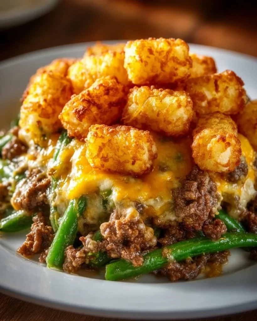 Delicious Tater Tot Hamburger Green Bean Casserole fresh out of the oven