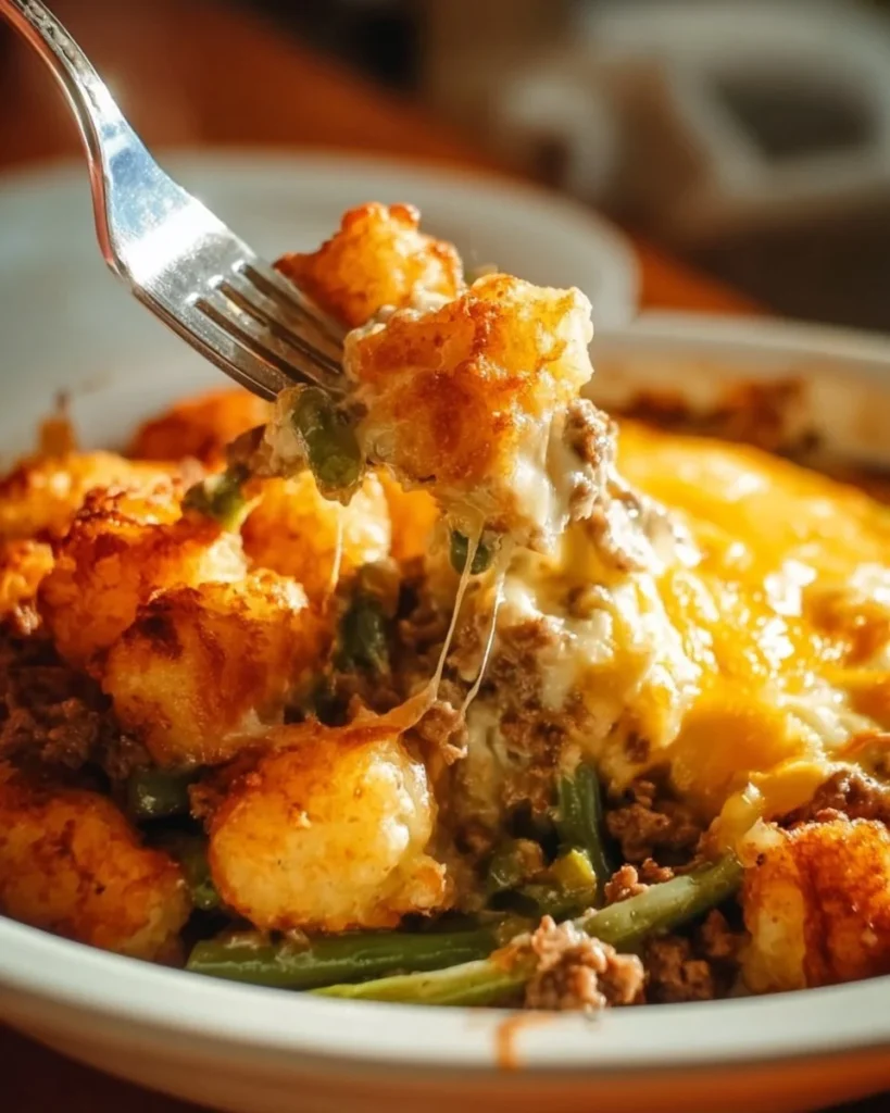 Tater Tot Hamburger Green Bean Casserole topped with crispy tater tots