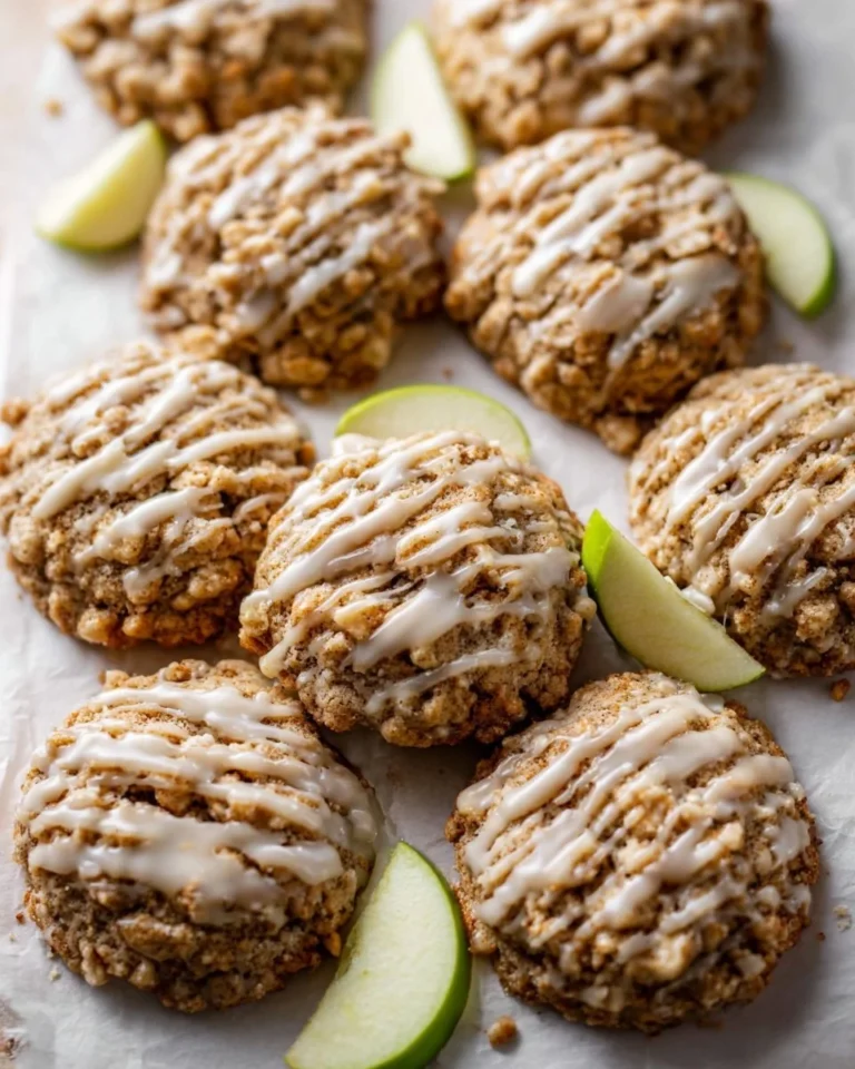 Delicious apple oatmeal cookies with maple icing on a rustic wooden table.