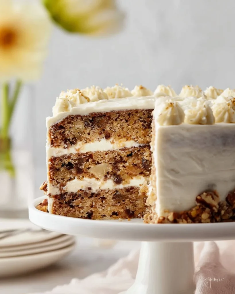 Slice of banana pineapple cake with cream cheese frosting on a plate