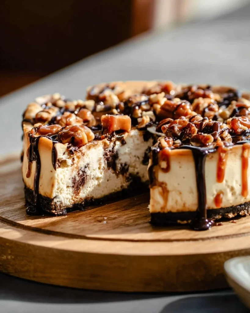 Slice of caramel pecan cheesecake with caramel drizzle and pecans on top