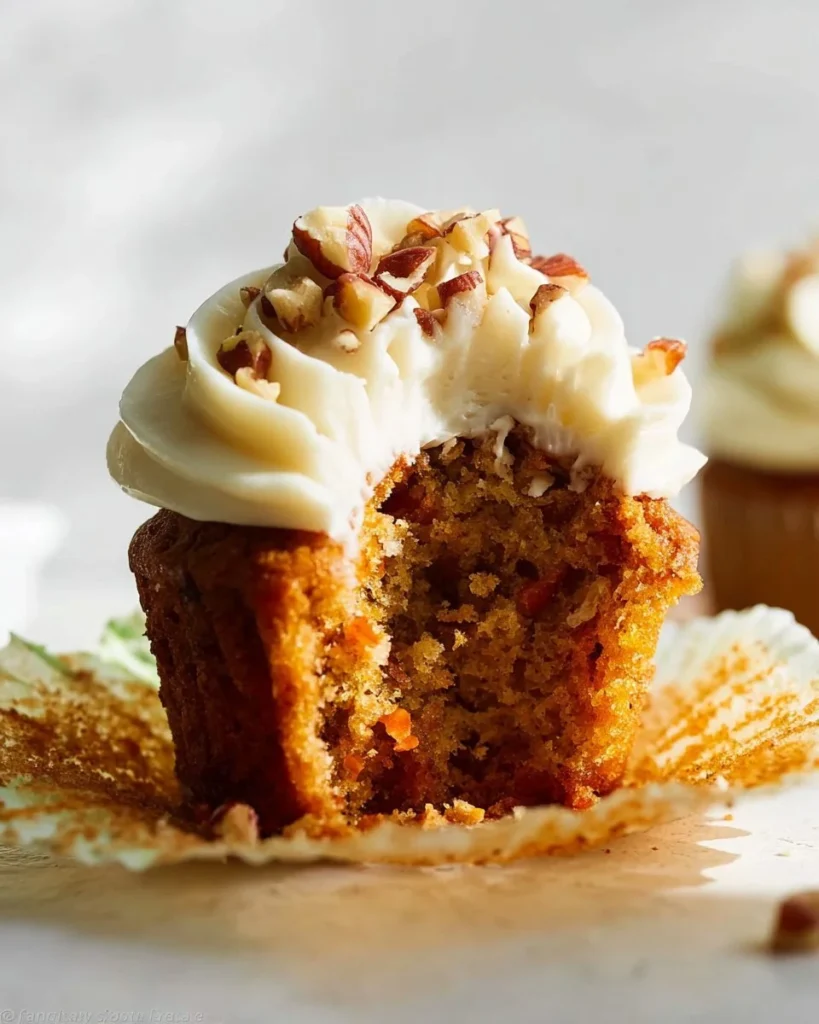 Delicious carrot cake cupcakes with cream cheese frosting on a plate
