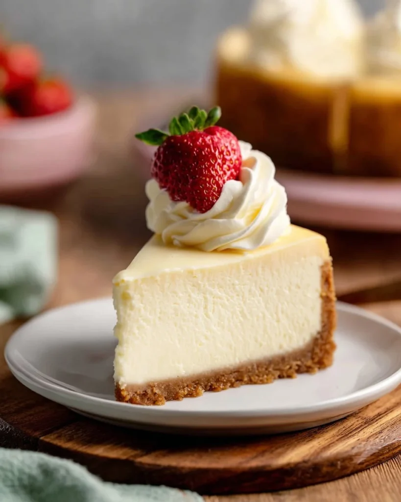 Delicious homemade cheesecake topped with fresh berries and whipped cream.