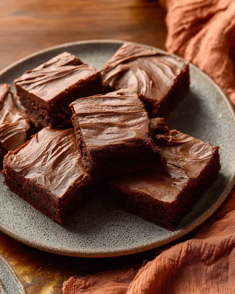 Delicious chocolate brownies with creamy chocolate frosting on top.