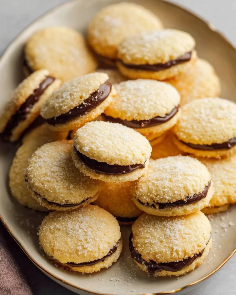Chocolate orange butter cookies filled with rich ganache on a dessert plate.
