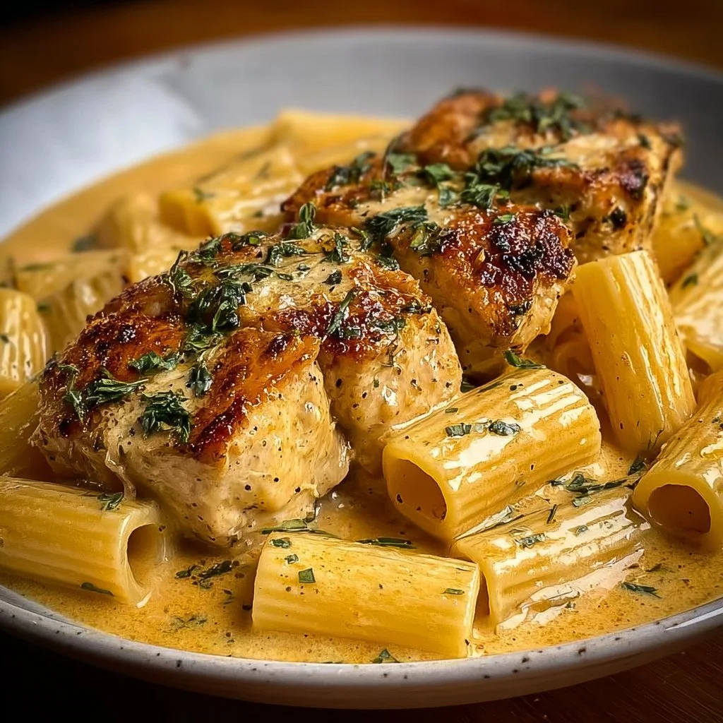 Creamy Garlic Butter Chicken and Rigatoni in Parmesan Sauce