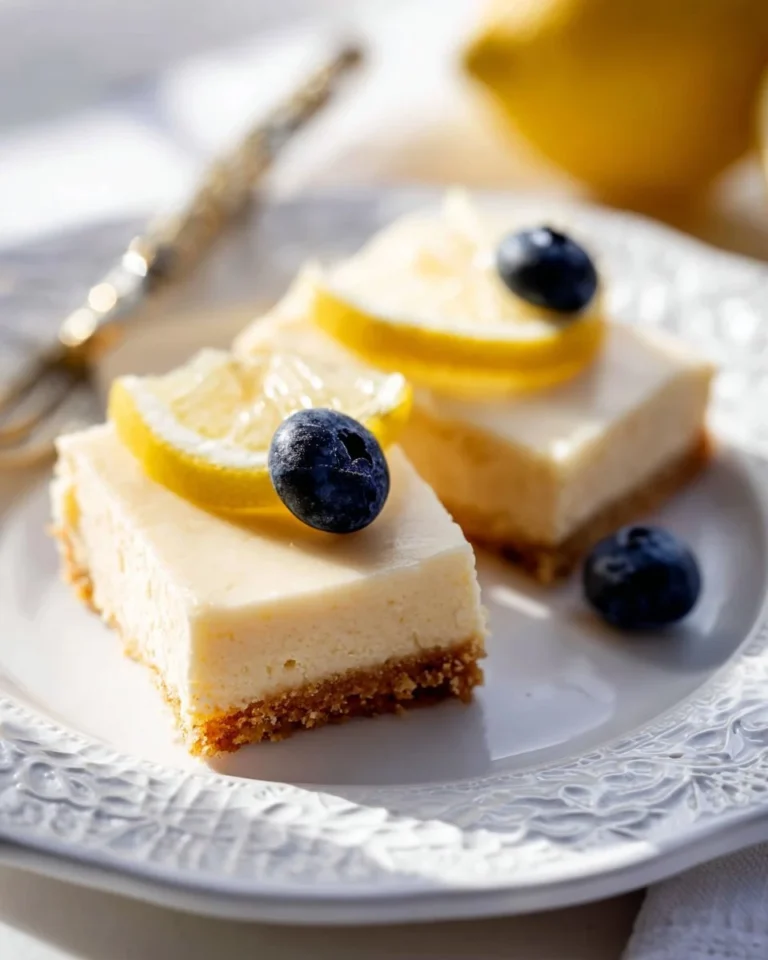 Delicious creamy lemon bars with a golden crust and lemon zest topping on a plate