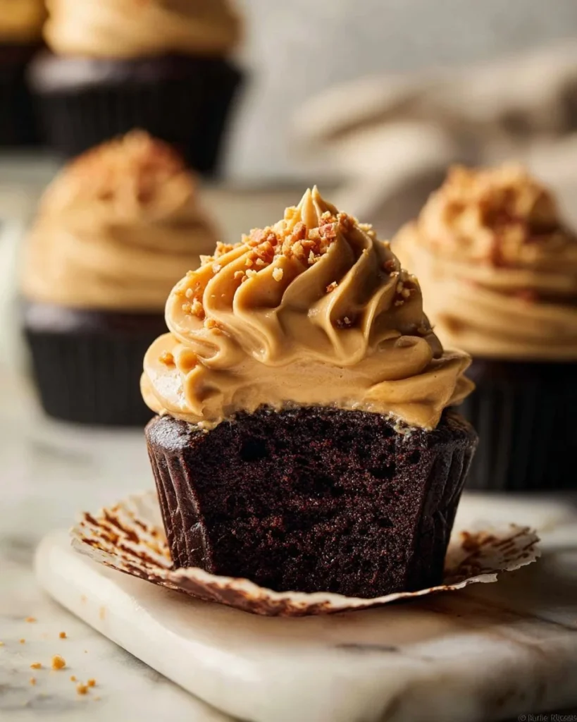 Dark chocolate cupcakes with peanut butter frosting on a plate