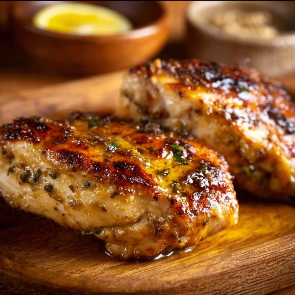Garlic Butter Baked Chicken Breast served with herbs and seasonings