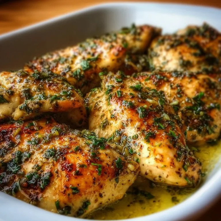 Garlic butter baked chicken breast served with herbs and side vegetables