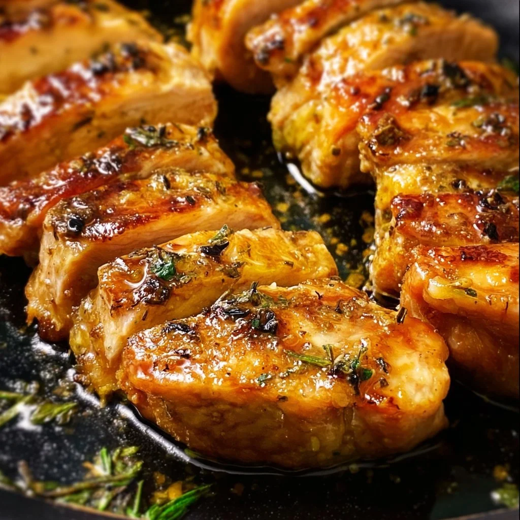 Delicious Garlic Butter Chicken served with herbs and side vegetables.