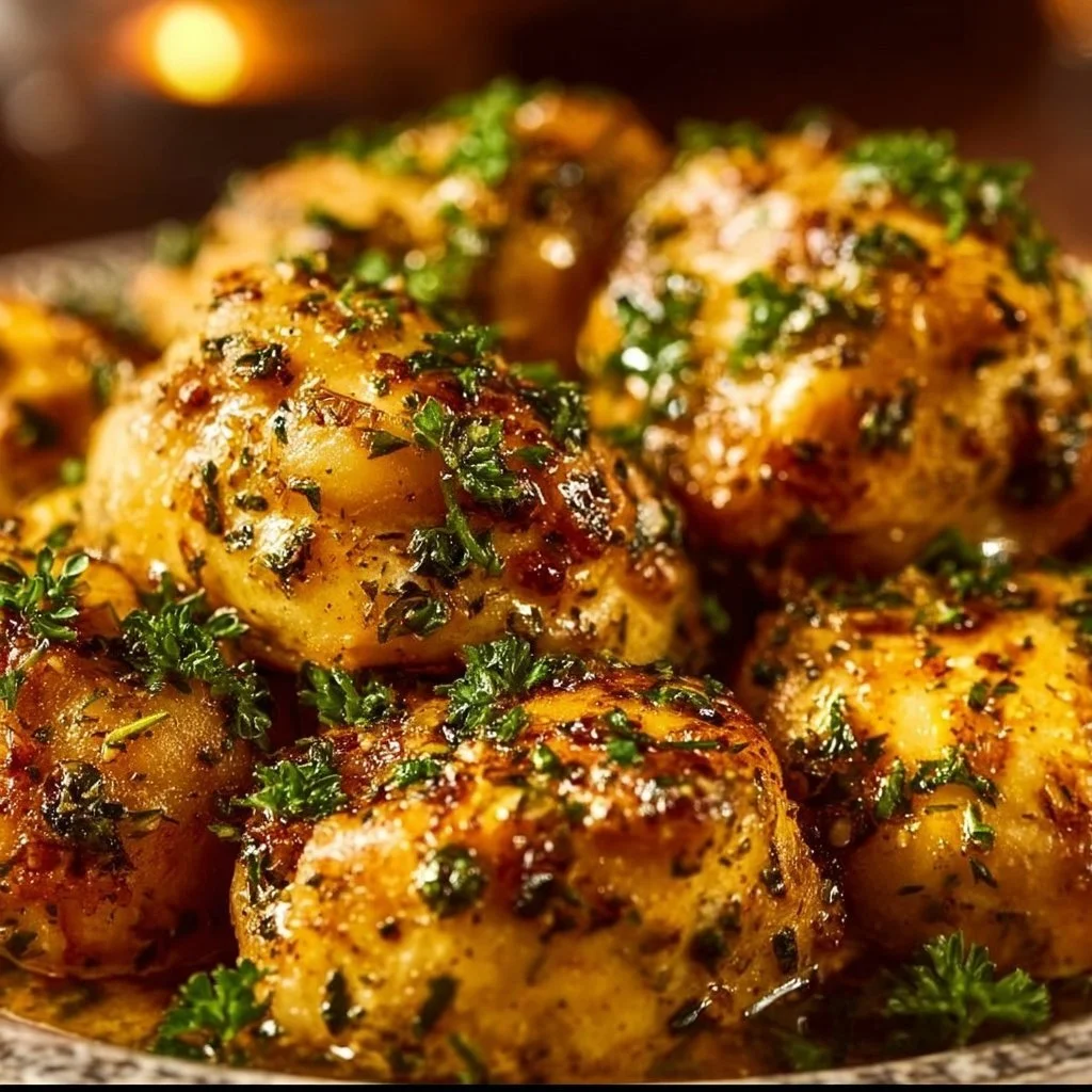 Juicy Garlic Butter Chicken garnished with herbs, served with sides.