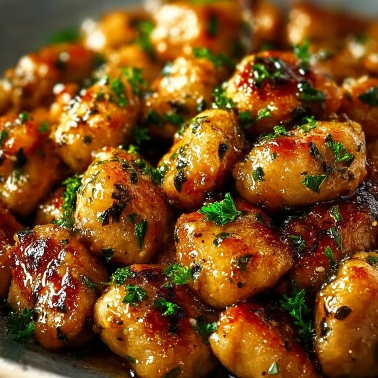 Plate of garlic butter chicken bites garnished with herbs