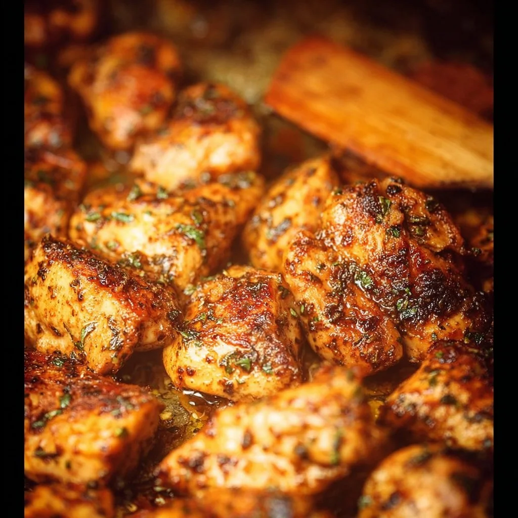 Delicious Garlic Butter Chicken Bites garnished with herbs