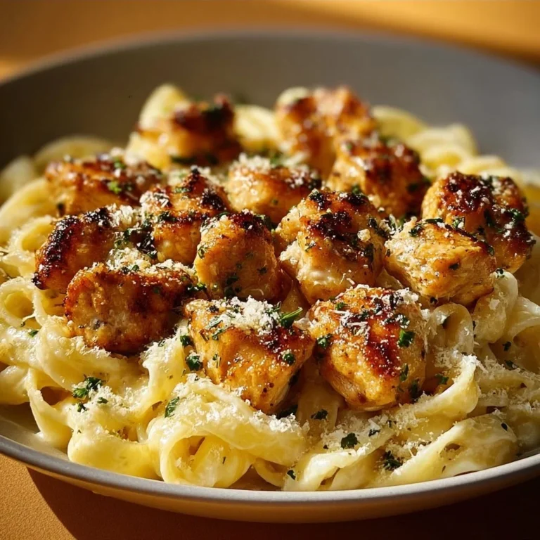 Garlic Butter Chicken Bites served with creamy Parmesan pasta in a delicious dish