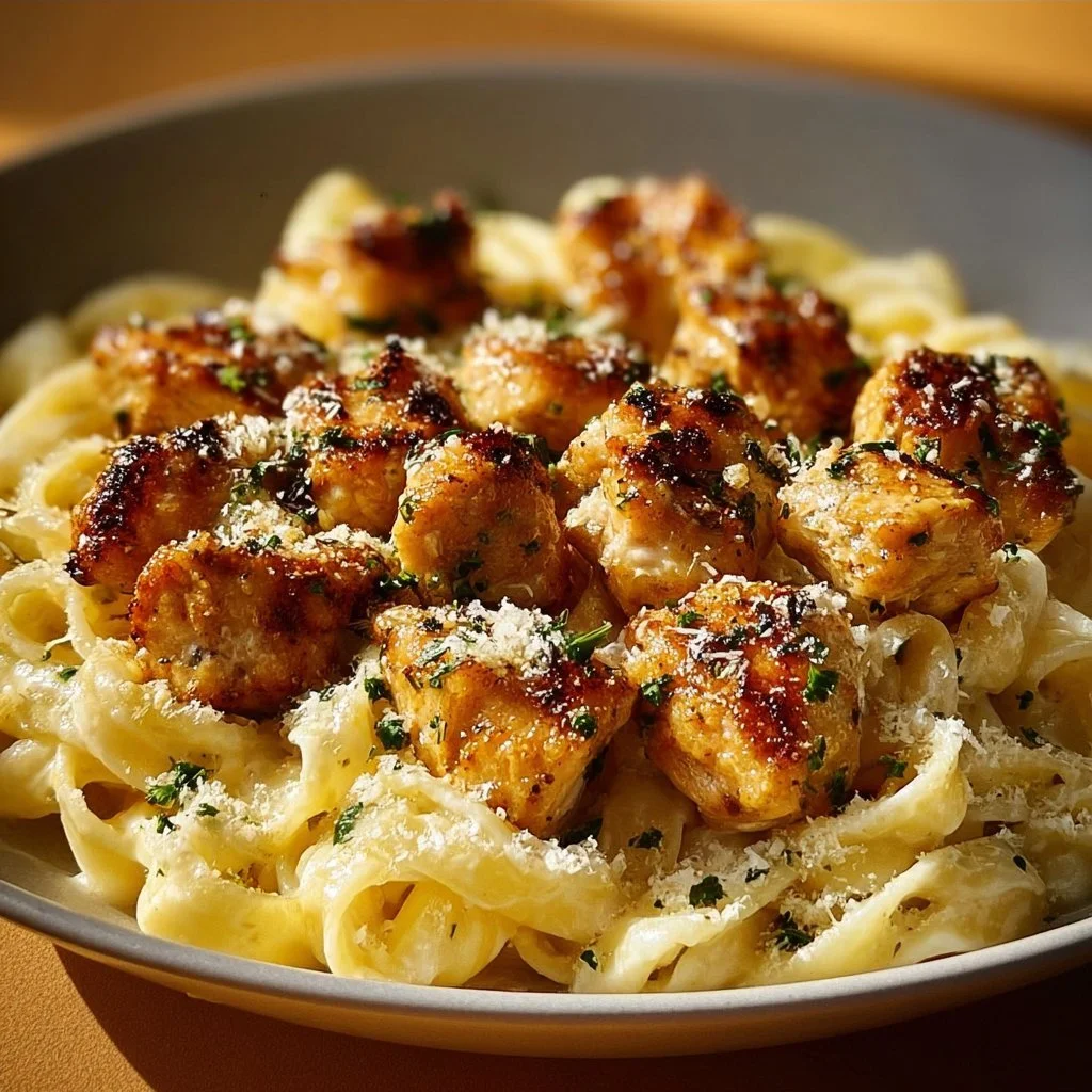 Garlic Butter Chicken Bites served with creamy Parmesan pasta in a delicious dish