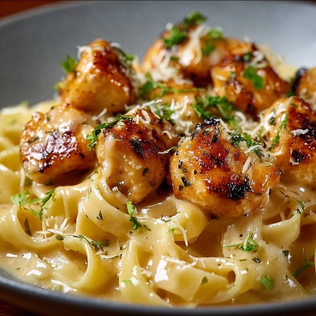 Garlic Butter Chicken Bites served with Creamy Parmesan Pasta, a delicious dinner recipe.