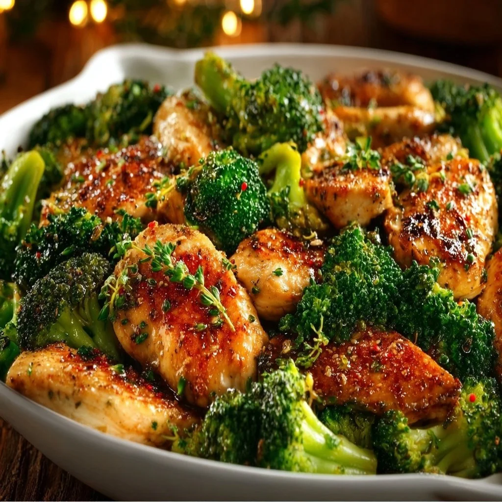 Plate of Garlic Butter Chicken with Broccoli garnished and served