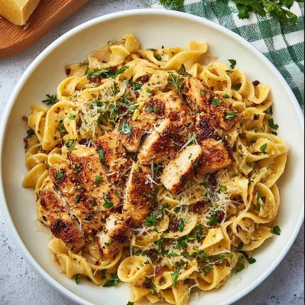 Delicious Garlic Butter Chicken Pasta garnished with fresh herbs and Parmesan cheese.