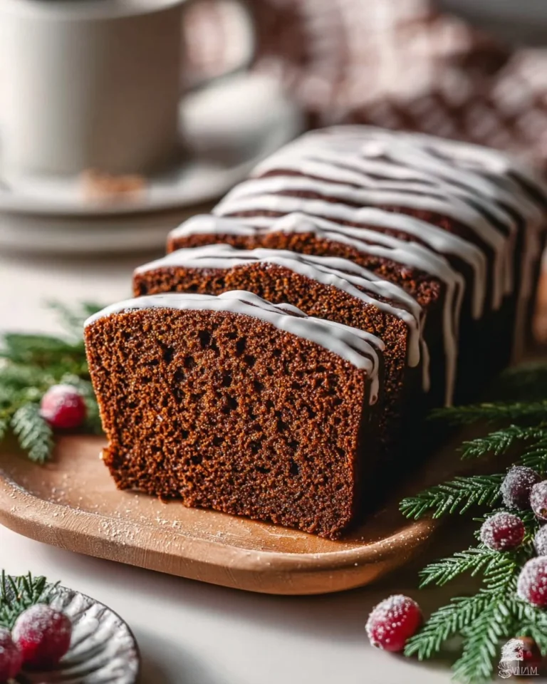 Gingerbread loaf topped with vibrant orange icing, perfect for festive occasions.