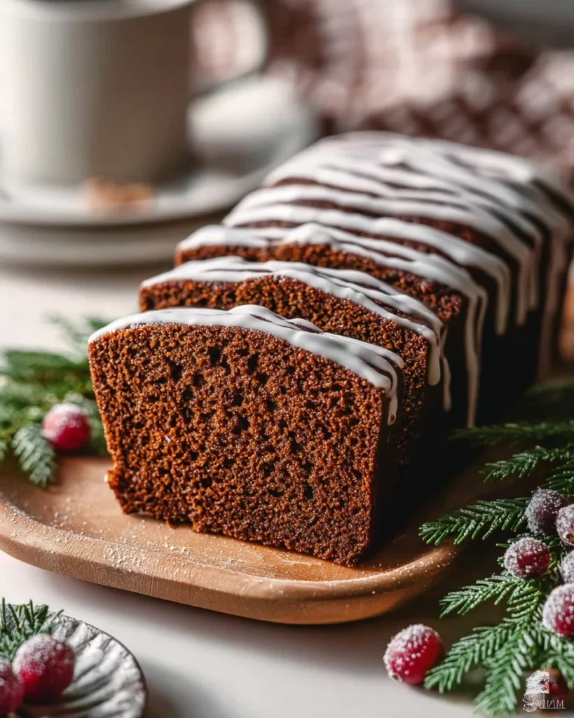 Gingerbread loaf topped with vibrant orange icing, perfect for festive occasions.