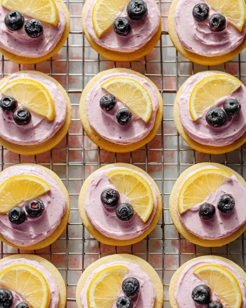 Lemon cookies with blueberry frosting on a plate