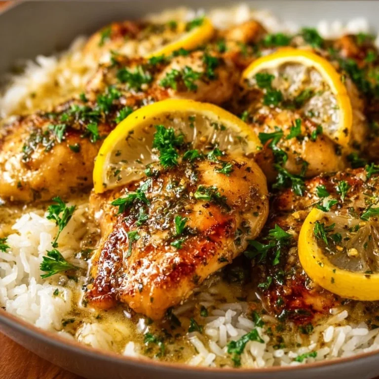 Lemon Garlic Butter Chicken Breasts served with rice and vegetables