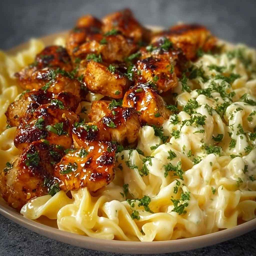 Plate of Lemon Garlic Butter Chicken with Creamy Parmesan Pasta garnished with herbs