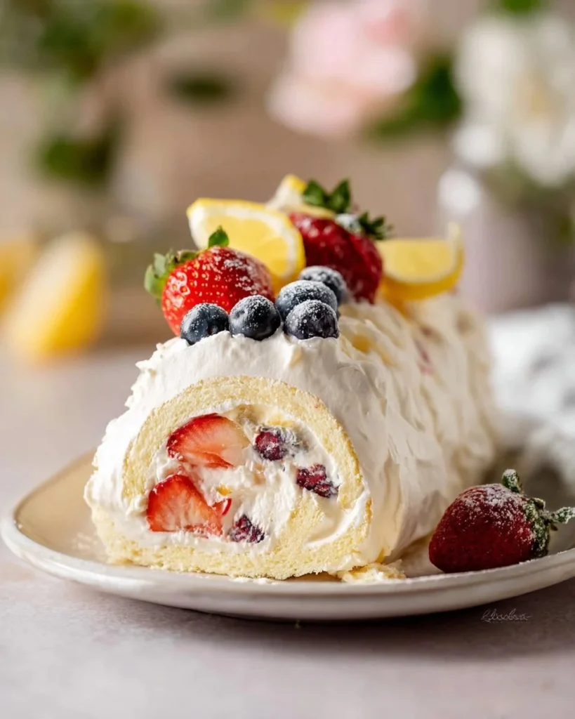 Elegant meringue roulade dessert topped with fresh fruits and whipped cream.