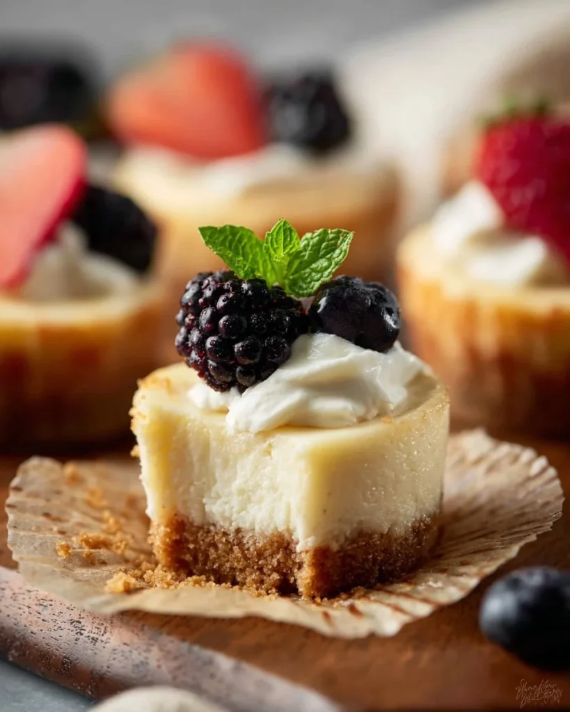 Delicious mini cheesecakes topped with fruit and chocolate drizzles