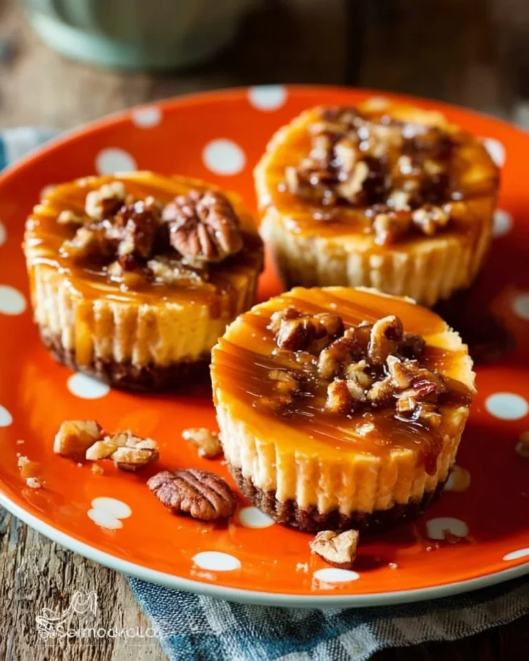 Mini pumpkin cheesecakes with gingersnap crust on a serving plate
