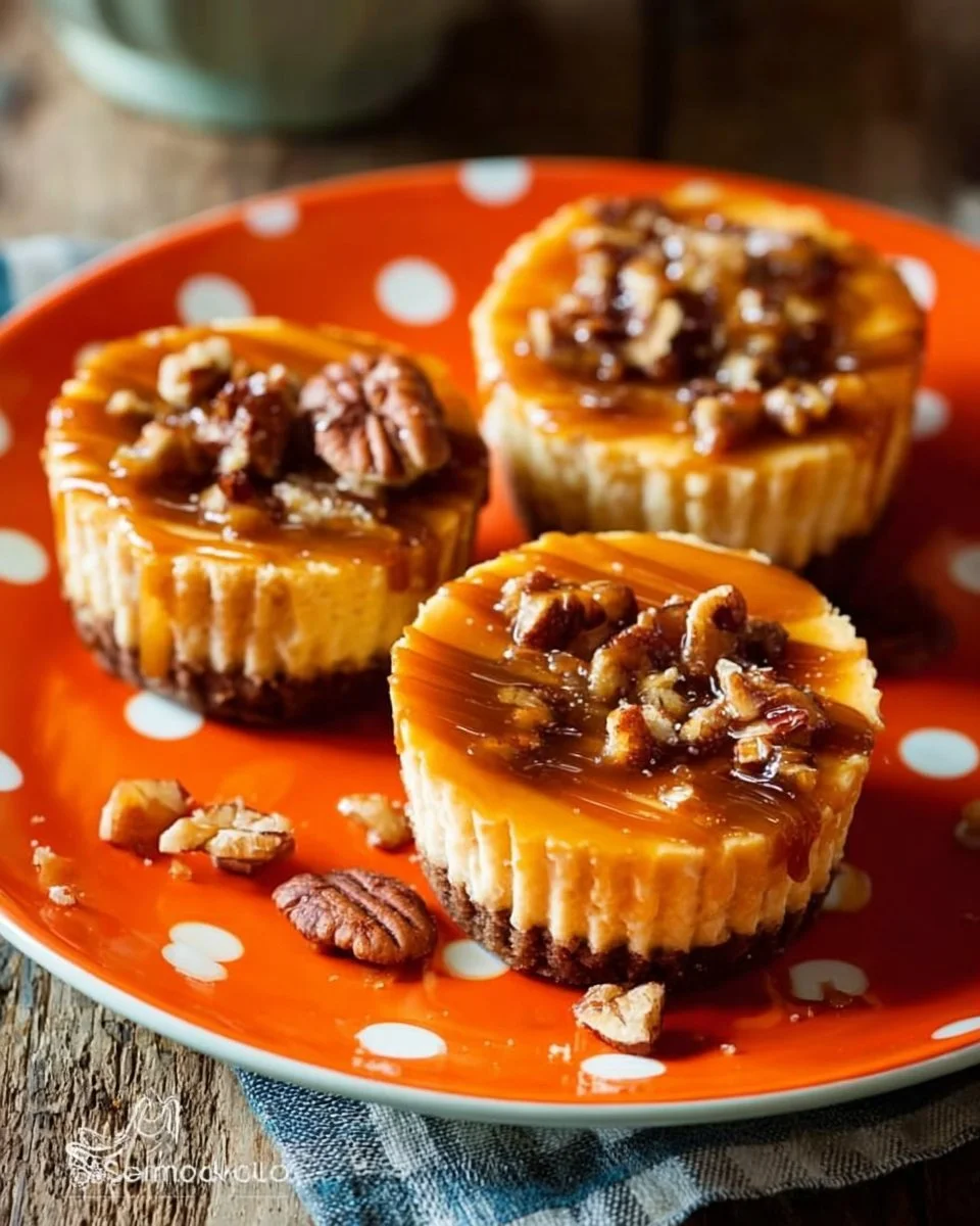 Mini pumpkin cheesecakes with gingersnap crust on a serving plate