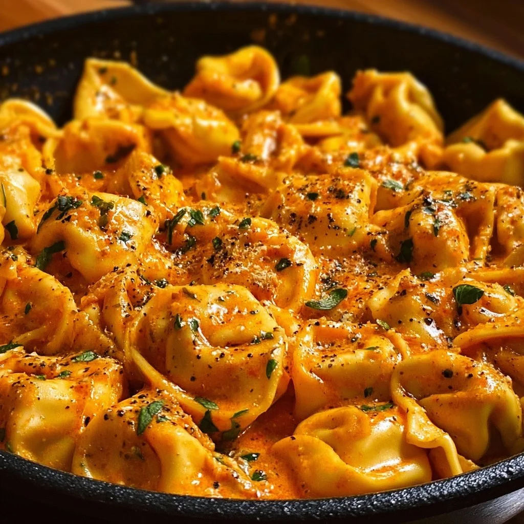 One-Pot Spicy Garlic Butter Chicken Tortellini dish garnished with herbs