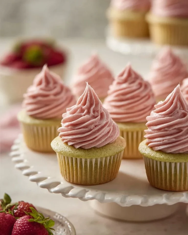 Pistachio strawberry cupcakes topped with fresh strawberries and nuts
