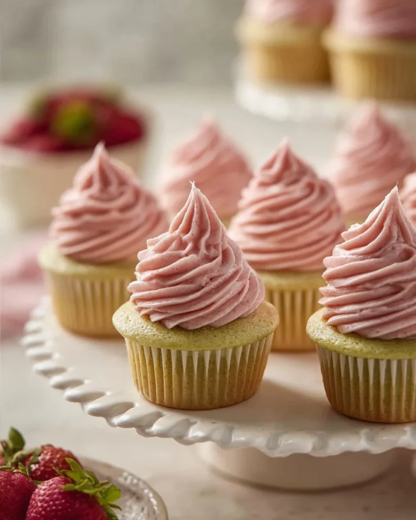 Pistachio strawberry cupcakes topped with fresh strawberries and nuts
