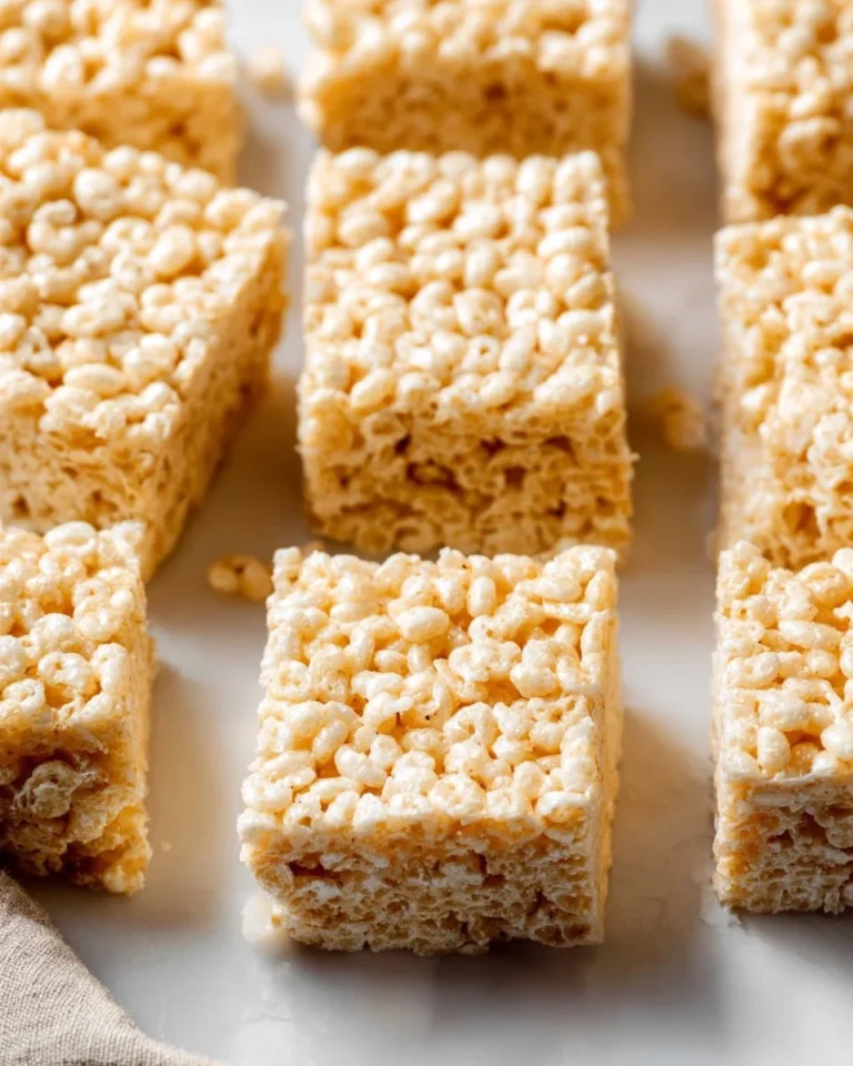 Homemade Rice Krispie Treats stacked on a plate.