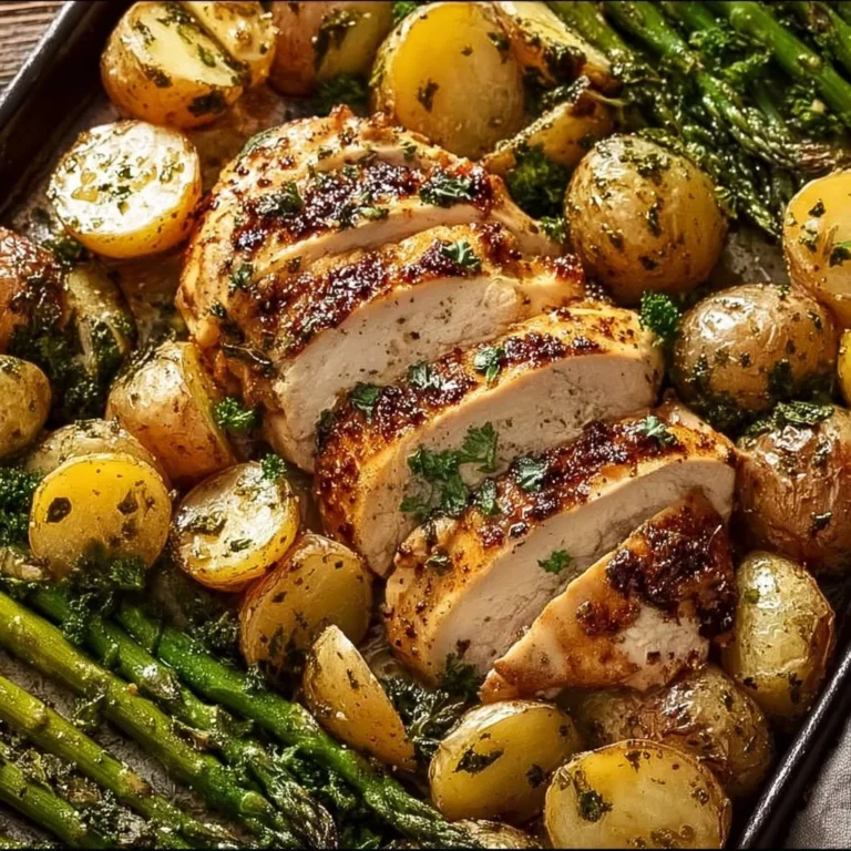 Sheet pan garlic butter chicken with assorted vegetables ready to serve.