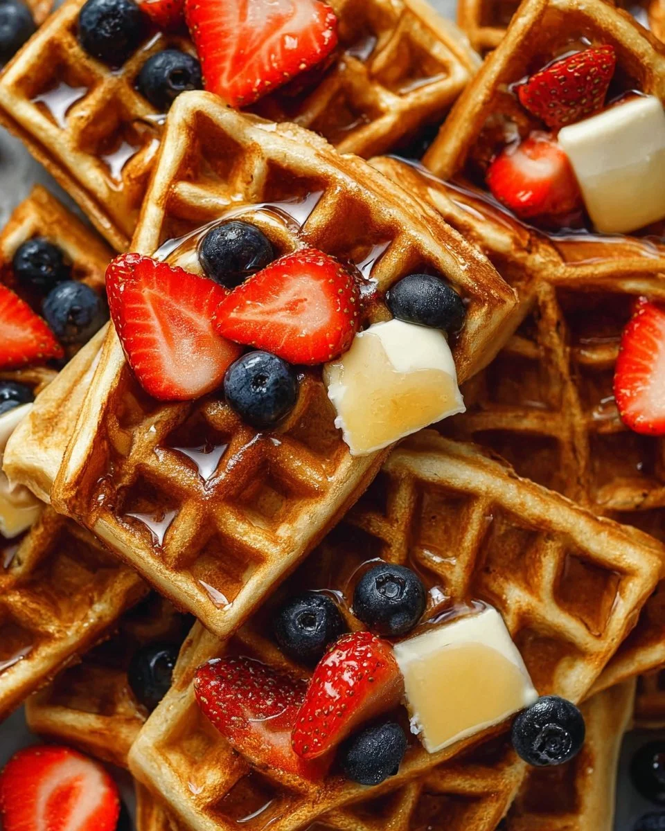 Homemade whole wheat waffles on a plate with syrup and berries