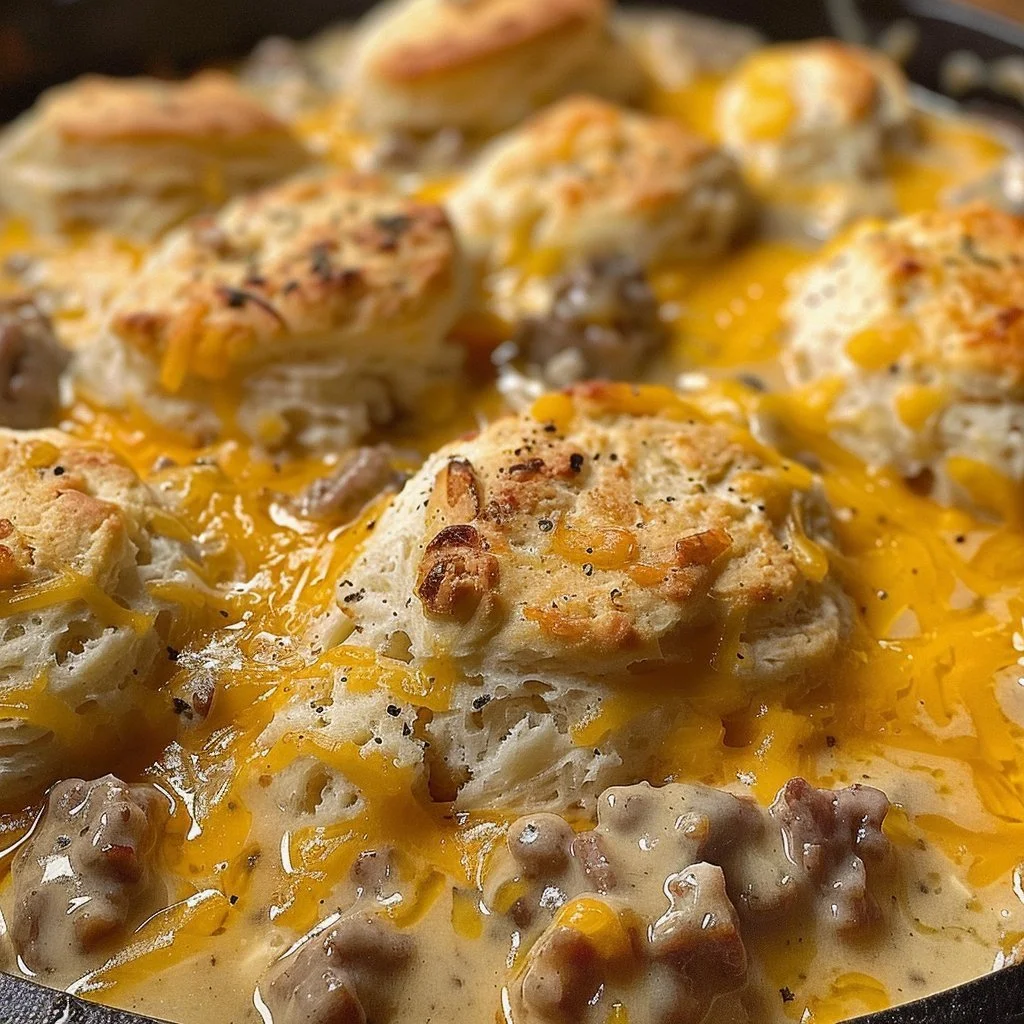Biscuits Gravy Hashbrown Bake topped with creamy gravy and crispy hashbrowns