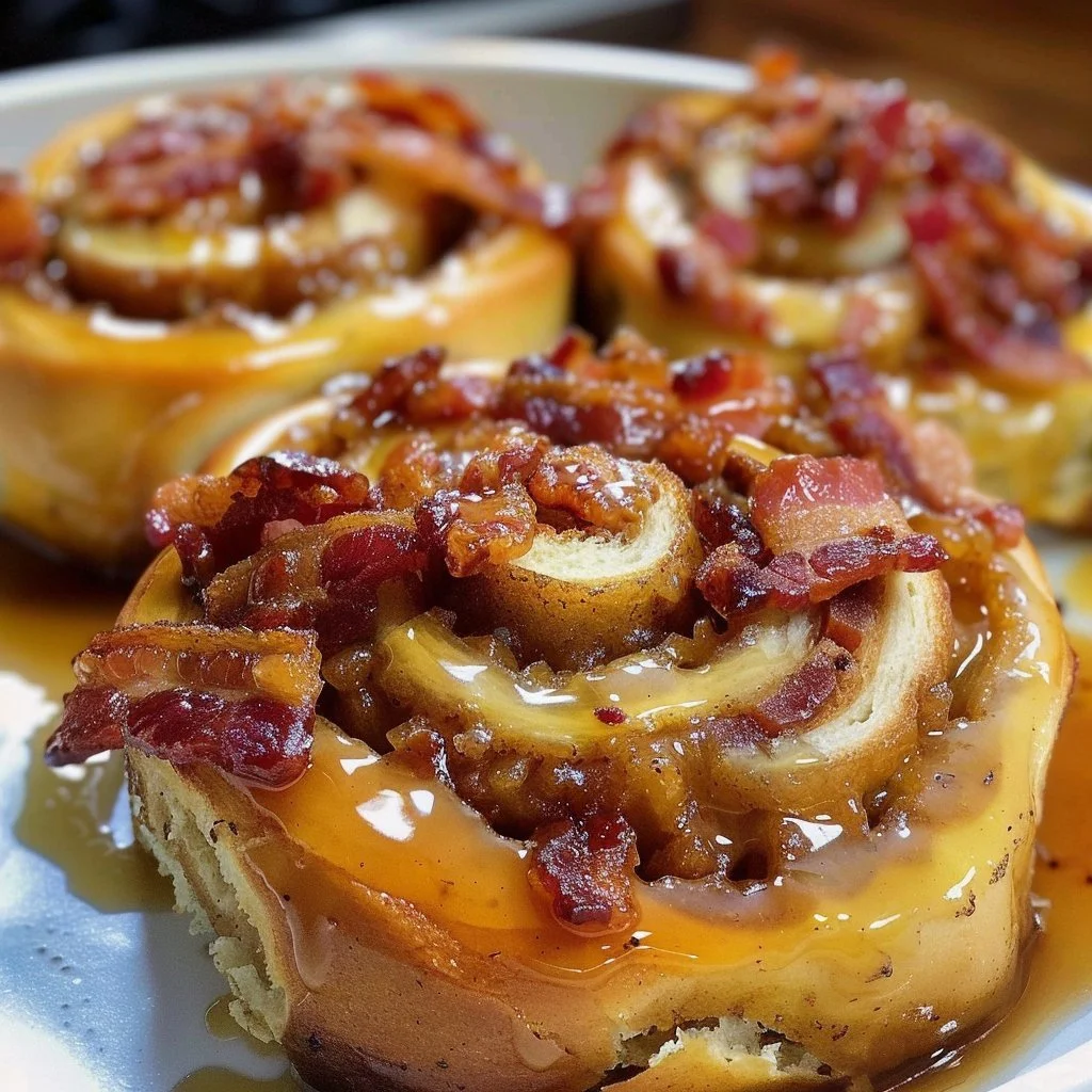 Bourbon Maple Bacon Cinnamon Rolls topped with maple syrup glaze