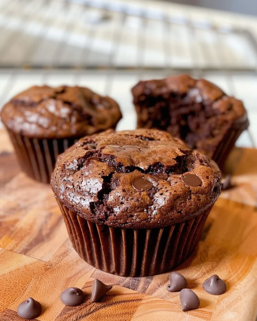 Delicious brownie muffins topped with chocolate and nuts