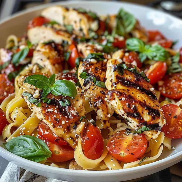 Bruschetta chicken served over pasta with fresh tomatoes and basil