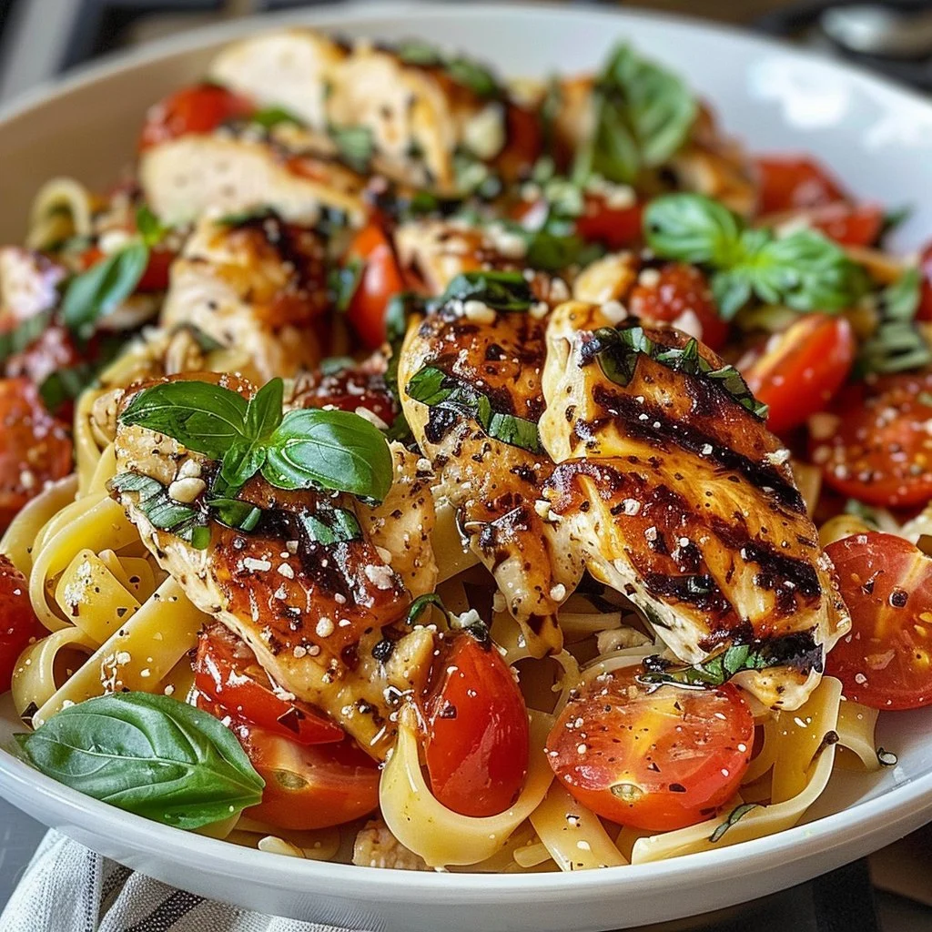 Bruschetta chicken served over pasta with fresh tomatoes and basil