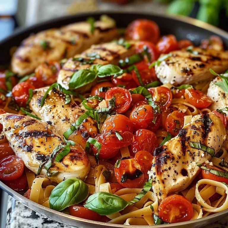 Bruschetta Chicken served with pasta, topped with fresh tomatoes and basil.
