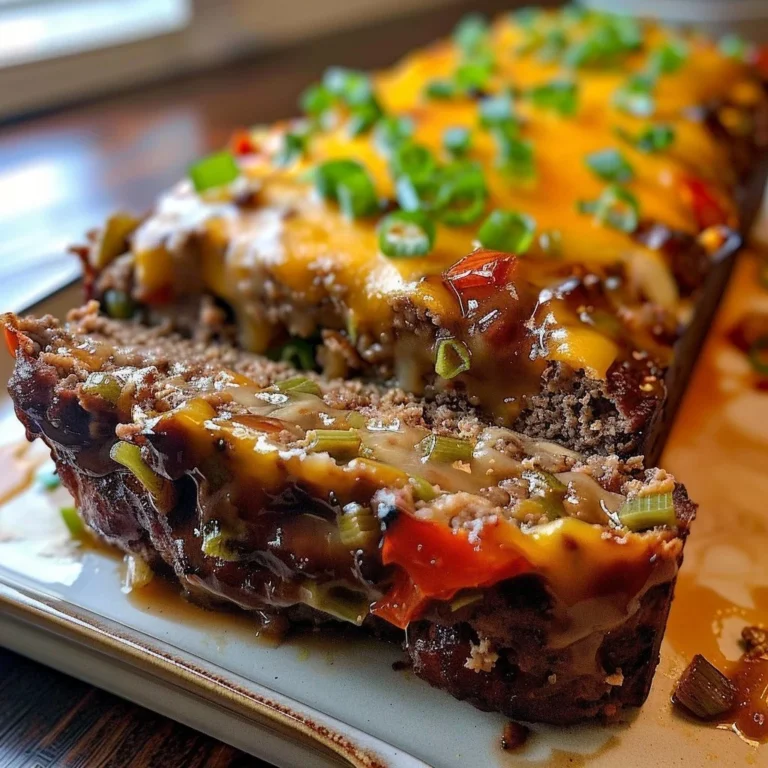 Delicious cheesesteak meatloaf slice on a plate with toppings