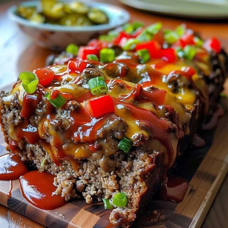 Delicious cheesesteak meatloaf garnished with peppers and onions