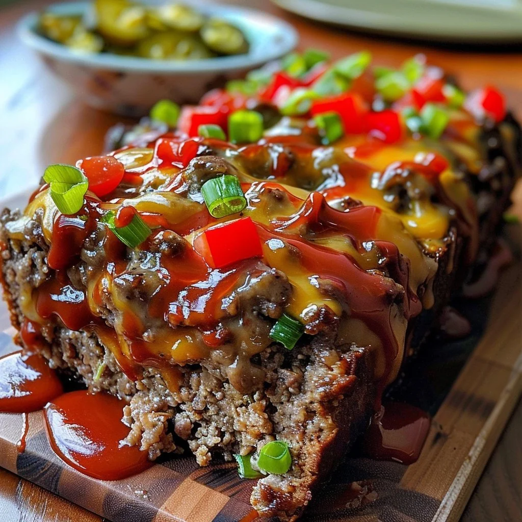 Delicious cheesesteak meatloaf garnished with peppers and onions