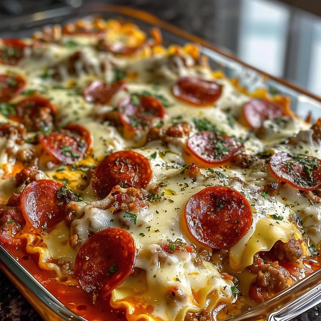 Cheesy pizza ravioli bake topped with melted cheese and pepperoni